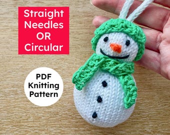 Mini Snowman Ornament Knitting Pattern: Knit in Round or Straight Needles (PDF)