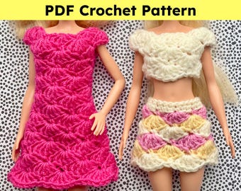 Shell Stitch Crochet Doll Clothes Patterns: Dress, Skirt & Top for 11.5 inch Fashion Dolls (PDF)
