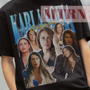 May include: Black t-shirt with a collage of images of women, including the text "KARLA GAVIO"