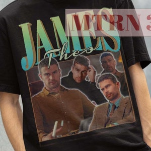 May include: Black t-shirt featuring a vintage-style graphic of a band called "James Theo". The graphic shows four men in a photo with a faded, retro look.
