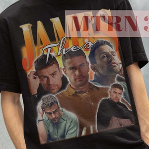 May include: Black t-shirt featuring a collage of images of men. The text "James Theo" is printed on the shirt in a yellow and orange gradient.