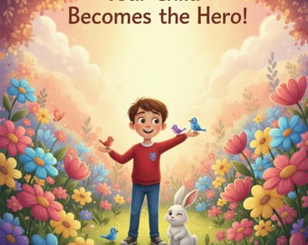 May include: A colorful illustration features a young boy in a red shirt and blue jeans, surrounded by flowers and birds. A white rabbit winks. The text "Your Child Becomes the Hero!" is at the top.