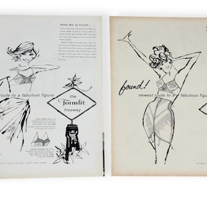 May include: Two vintage black and white advertisements. Each features a stylized illustration of a woman in lingerie. The text "found!" and "newest route to a fabulous figure" are present. The Formfit Freeway logo is also visible.