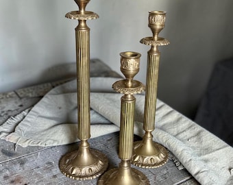 Antique Brass Candlesticks | Set of 3 Neoclassical French Empire Candle Holders | Vintage Brass Pillars