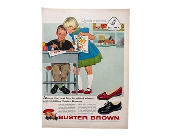 Anuncio de revista vintage de Buster Brown de los años 50, material efímero retro