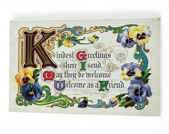 Cartão postal antigo em relevo: Saudações vintage de 1915