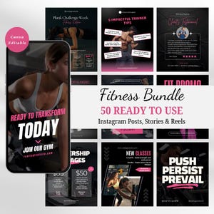 50 fitness-Instagram-sjablonen, fitnessvideo&#39;s voor Instagram-rollen, personal trainer-sjablonen voor sociale media, fitnessbundel, Canva bewerkbaar