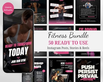 50 Modelos de Fitness para Instagram, Vídeos de Academia para Reels do Instagram, Modelos de Personal Trainer para Mídias Sociais, Pacote Fitness Editável Canva