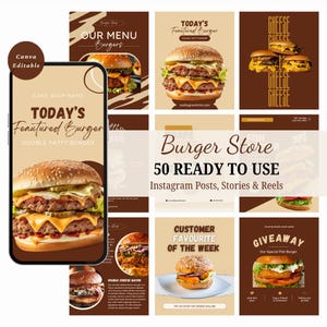 50 Instagram Templates for Burger Store, Food Instagram Posts, Burger Restaurant Canva Templates, Fast Food Social Media Templates