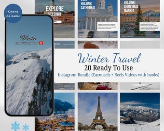 20 reisvideo's voor Instagram-carrousels en -reels, winterbestemmingen, anonieme reisreels, reisblogvideo's, canva-sjablonen