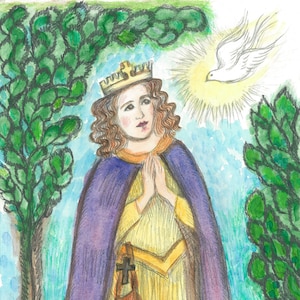 Puede incluir: Pintura acuarela de una mujer con una corona y una túnica morada, con las manos juntas en oración. Ella está mirando hacia arriba a una paloma blanca con un halo amarillo. El fondo es un paisaje verde y azul.