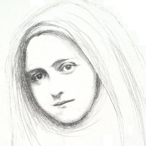 May include: A black and white pencil drawing of a woman's face. The woman has long hair and is looking down. The drawing is signed with the initials "S.Y."