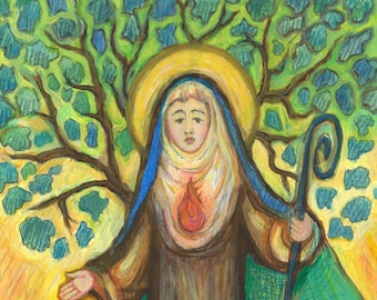 May include: A painting of a woman in a blue and green robe, standing in front of a tree with a cross behind her. She is holding a staff with a crook at the top and a lamb is standing next to her. The woman has a heart with a flame in it on her chest. The painting is titled "Catholic Art And Jewelry.com"