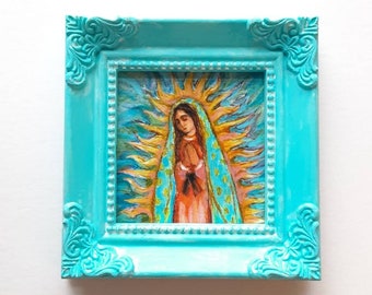 Our Lady of Guadalupe Art Print in One of a Kind Light Blue Hand Painted Mini Frame