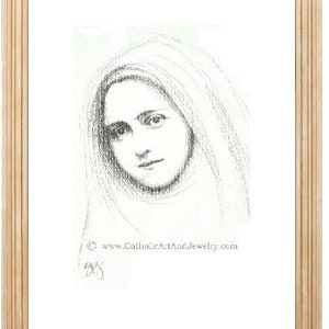 May include: A black and white pencil drawing of a young woman with long hair, wearing a white veil. The drawing is signed with the artist's initials and includes the website "www.CatholicArtAndJewelry.com".