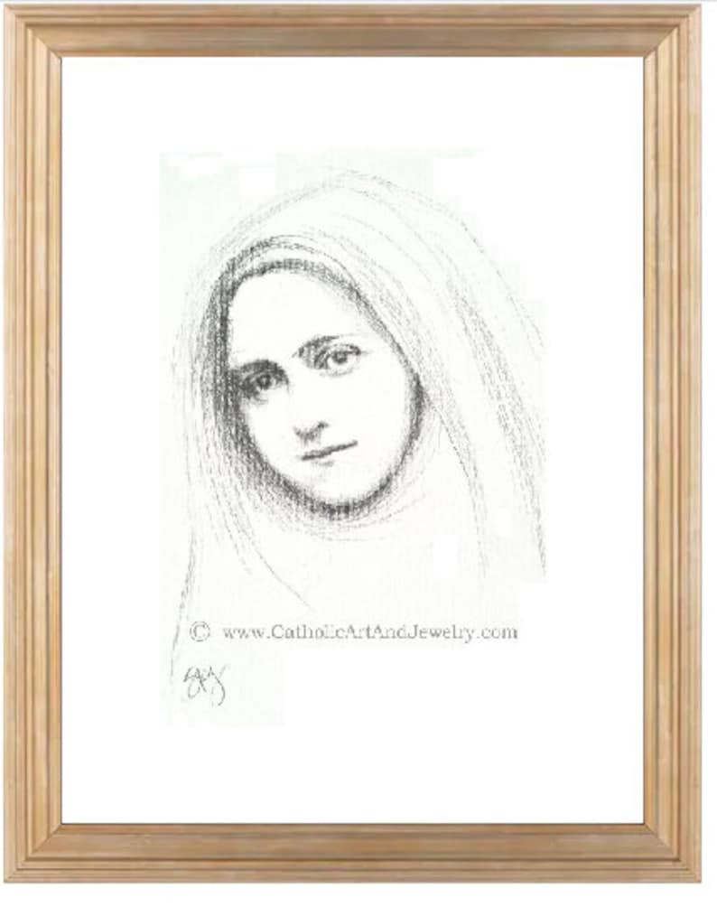 May include: A black and white pencil drawing of a young woman with long hair, wearing a white veil. The drawing is signed with the artist's initials and includes the website "www.CatholicArtAndJewelry.com".