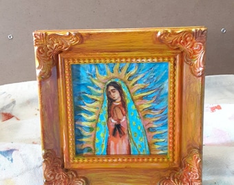 Our Lady of Guadalupe Art Print in One-of-a-Kind Hand Painted Burnt Orange Mini Frame