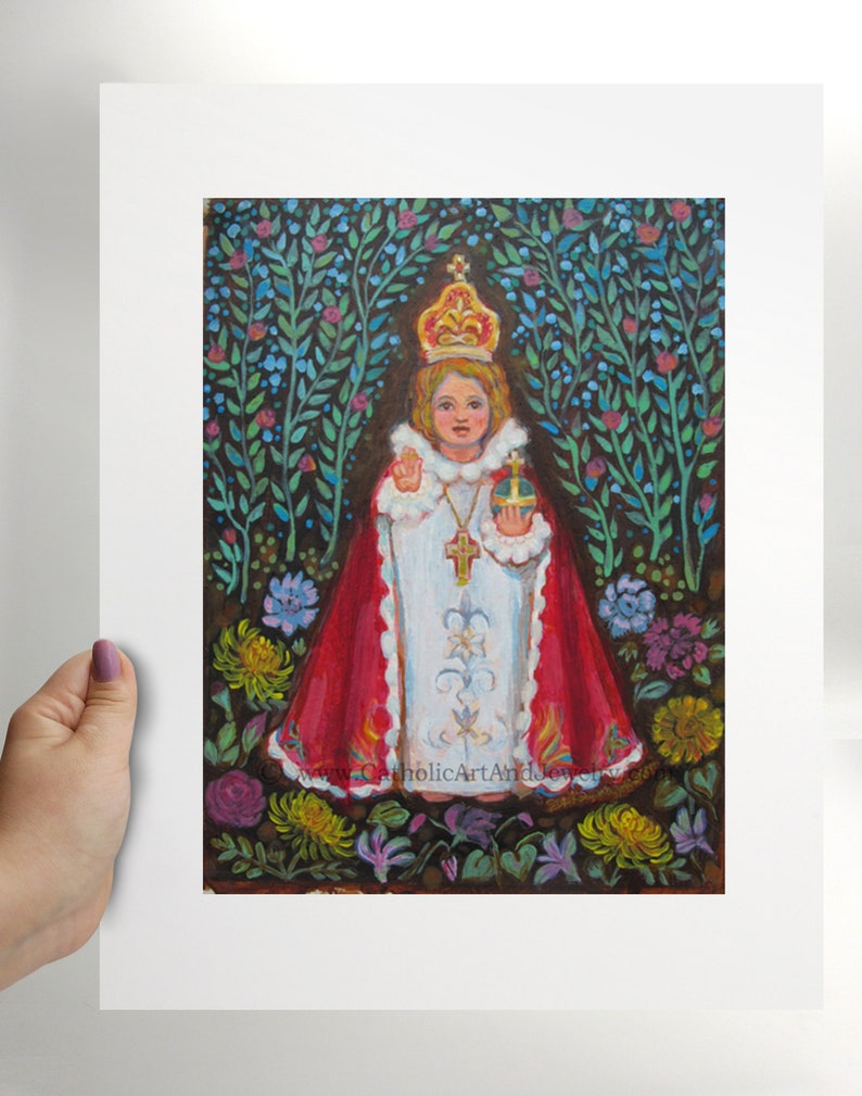May include: A painting of a young child dressed in white and red robes, wearing a crown and holding a golden orb. The child is surrounded by a garden of flowers and greenery.
