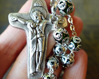 New! Unity Cross Crucifix and Green Crystal Bead Car Rosary