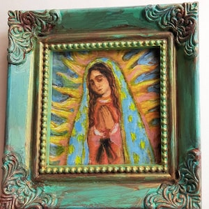 Our Lady of Guadalupe Art Print in One of a Kind Bright Aqua and Blue and Gold Hand Painted Mini Frame