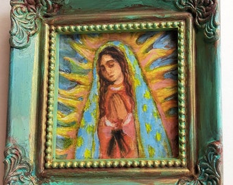 Our Lady of Guadalupe Art Print in One of a Kind Bright Aqua and Blue and Gold Hand Painted Mini Frame