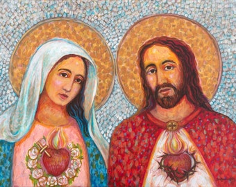 May include: A painting of the Sacred Heart of Jesus and the Immaculate Heart of Mary. Jesus is on the right, wearing a red robe with a crown of thorns and a flaming heart. Mary is on the left, wearing a blue robe with a white veil and a flaming heart surrounded by roses.