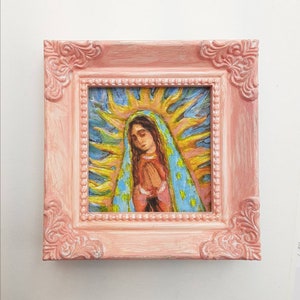 Our Lady of Guadalupe Art Print in One of a Kind Pink Hand-Painted Mini Frame