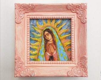 Our Lady of Guadalupe Art Print in One of a Kind Pink Hand-Painted Mini Frame