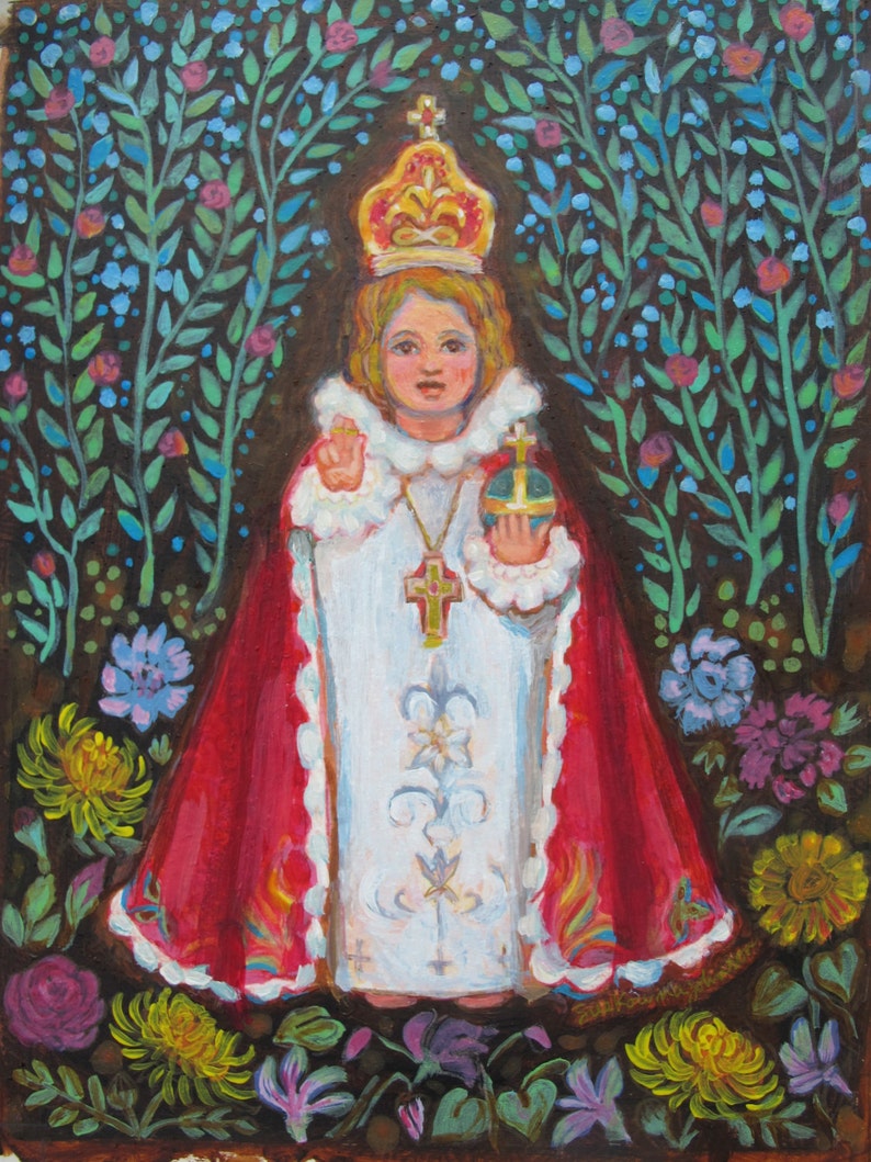 May include: A painting of a young child wearing a red and white robe and a gold crown. The child is holding a globe in one hand and a cross in the other. The background is a dark green with blue flowers.