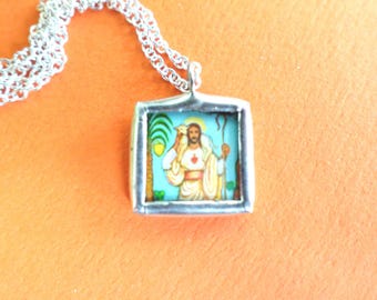 Sacred Heart Good Shepherd Tiny Glass and Solder Medal on Chain