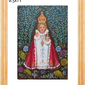 May include: A painting of a young child dressed in white and red robes, wearing a crown and holding a golden orb. The child is surrounded by green and blue foliage with flowers in shades of pink, yellow, and purple. The painting is 8.5x11 inches.