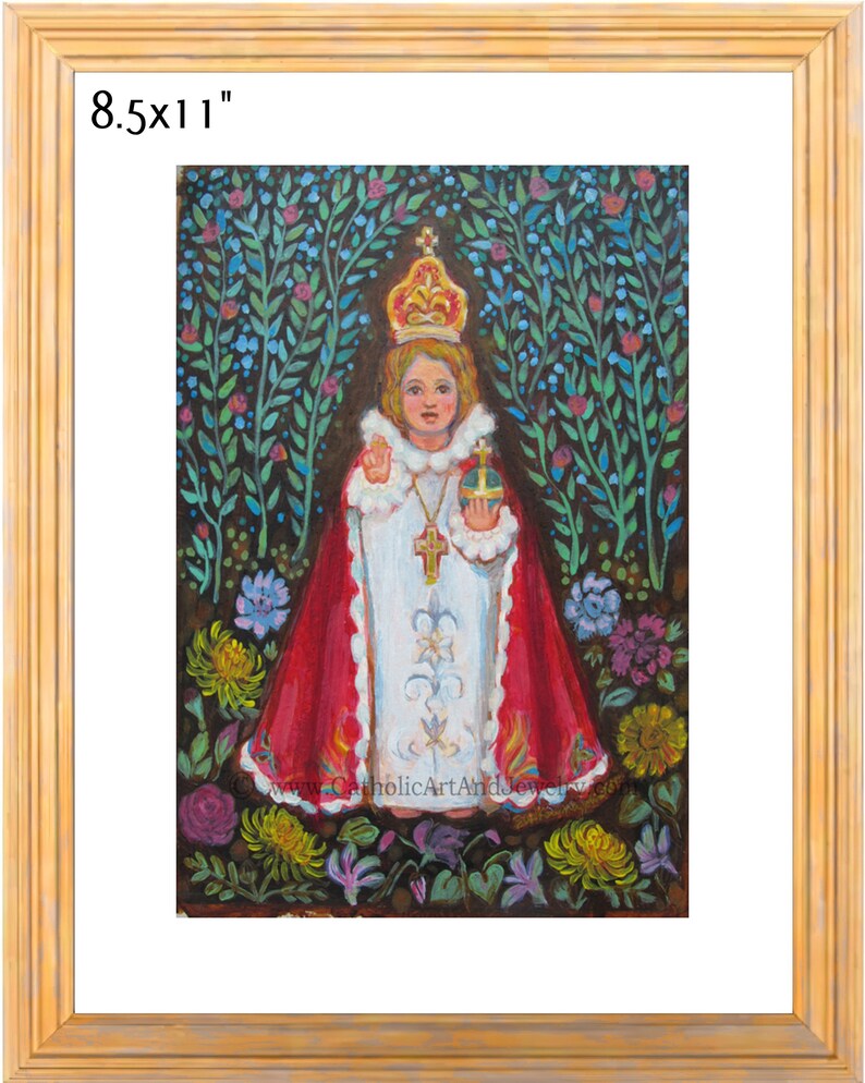 May include: A painting of a young child dressed in white and red robes, wearing a crown and holding a golden orb. The child is surrounded by green and blue foliage with flowers in shades of pink, yellow, and purple. The painting is 8.5x11 inches.