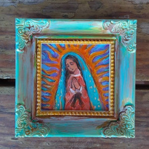 Our Lady of Guadalupe Painting in One of a Kind Aqua Hand Painted Mini Frame