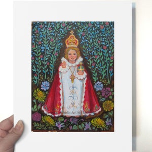 May include: A painting of a young child dressed in white robes with a red cape and a crown. The child is holding a golden orb and standing in a garden with flowers and greenery.