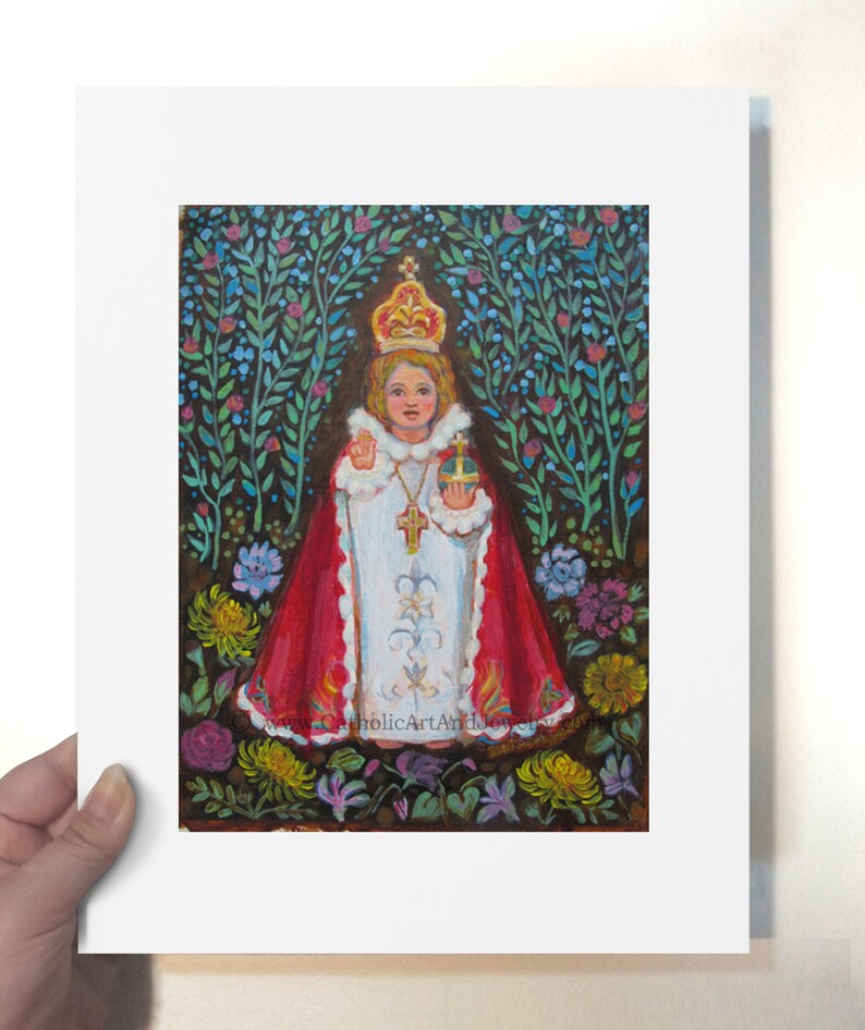 May include: A painting of a young child dressed in white robes with a red cape and a crown. The child is holding a golden orb and standing in a garden with flowers and greenery.