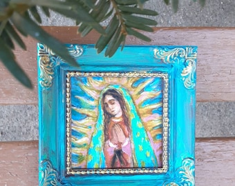 Our Lady of Guadalupe Art Print in One of a Kind Aqua Turquoise Blue and Gold Hand Painted Mini Frame