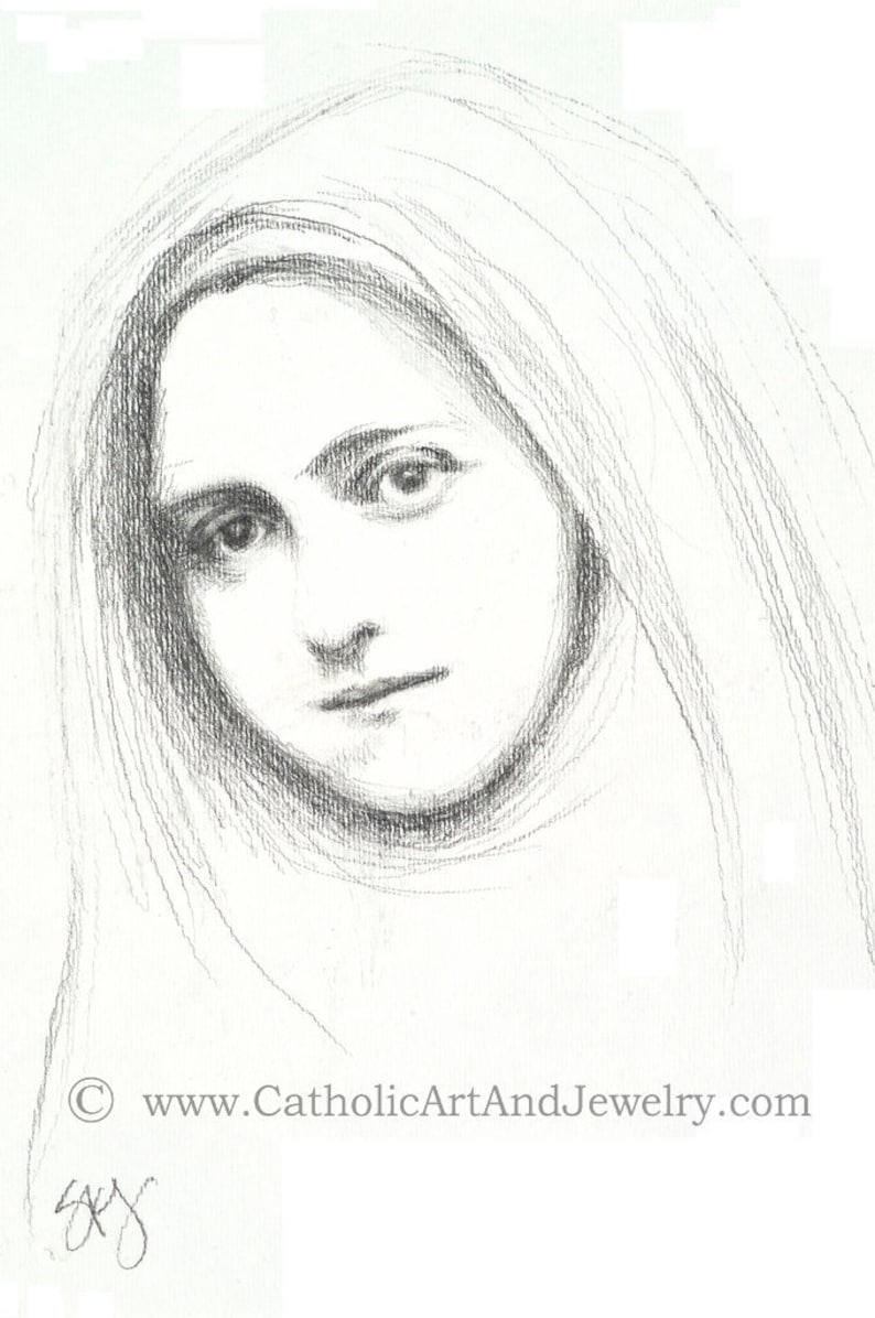 May include: A black and white pencil drawing of a woman's face. The woman has long hair and is looking down. The drawing is signed with the initials "S.Y."