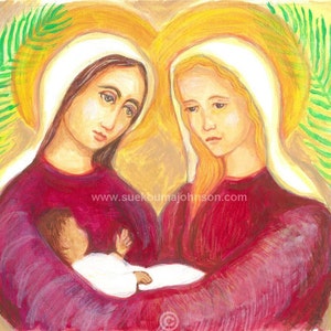 May include: A painting depicting two women in red robes holding a baby. The women are wearing white head coverings and are surrounded by yellow and green halos. The baby is wrapped in a white cloth and is being held by the woman on the left. The painting has a gold background.