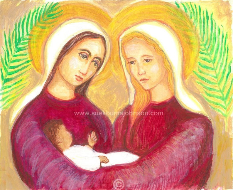 May include: A painting depicting two women in red robes holding a baby. The women are wearing white head coverings and are surrounded by yellow and green halos. The baby is wrapped in a white cloth and is being held by the woman on the left. The painting has a gold background.