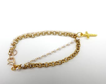 New! Pearl and Gold Crucifix Bracelet
