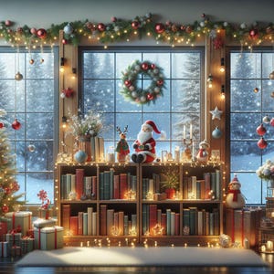 May include: A festive Christmas display featuring a snowy window view. A wooden bookshelf is decorated with books, fairy lights, and Christmas ornaments, including a Santa Claus figure, a snowman, and a wreath. Presents and a Christmas tree enhance the holiday atmosphere.