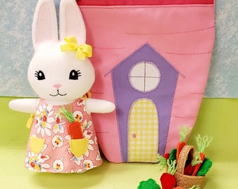 bunny rabbit set Easter girl stuffed bunny with basket, veggies and zippered house  Handmade USA