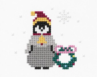 Christmas Penguin Cross Stitch Pattern, Winter Penguin Embroidery Design, Cute Holiday Bird, Machine Embroidery File, Christmas Decor
