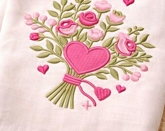 Bouquet with Heart Machine Embroidery Design 3 sizes, Instant Download, DIY Valentine's Day.