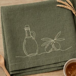 Diseño minimalista de bordado de aceite de oliva, patrón de cocina mediterránea (descarga digital)
