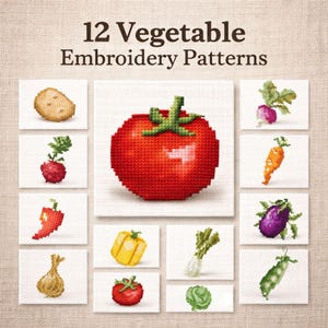 Lot de 12 motifs de point de croix de légumes, point de croix de cuisine de ferme, ensemble de motifs de broderie de légumes.