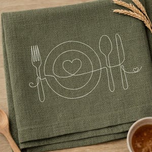 Olive Linen Table Setting Embroidery Design: Minimalist Line Art Napkin Pattern (Digital Download)