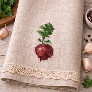 Broderidesign med rödbetor | Broderi med grönsaker i köket | Broderimönster med kökshanddukar i lantlig stil | Maskinbroderi med korsstygn