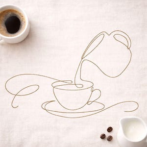 May include: A top-down view of a coffee-themed image. A cup of coffee is in the upper left corner. A line drawing of a coffee pot pouring into a cup and saucer is in the center. Coffee beans and a creamer pitcher are in the lower right.