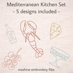 Mediterranean Kitchen Embroidery Bundle, Food Line Art Set, Tomato Lobster Cheese Wine Designs, Machine Embroidery Files